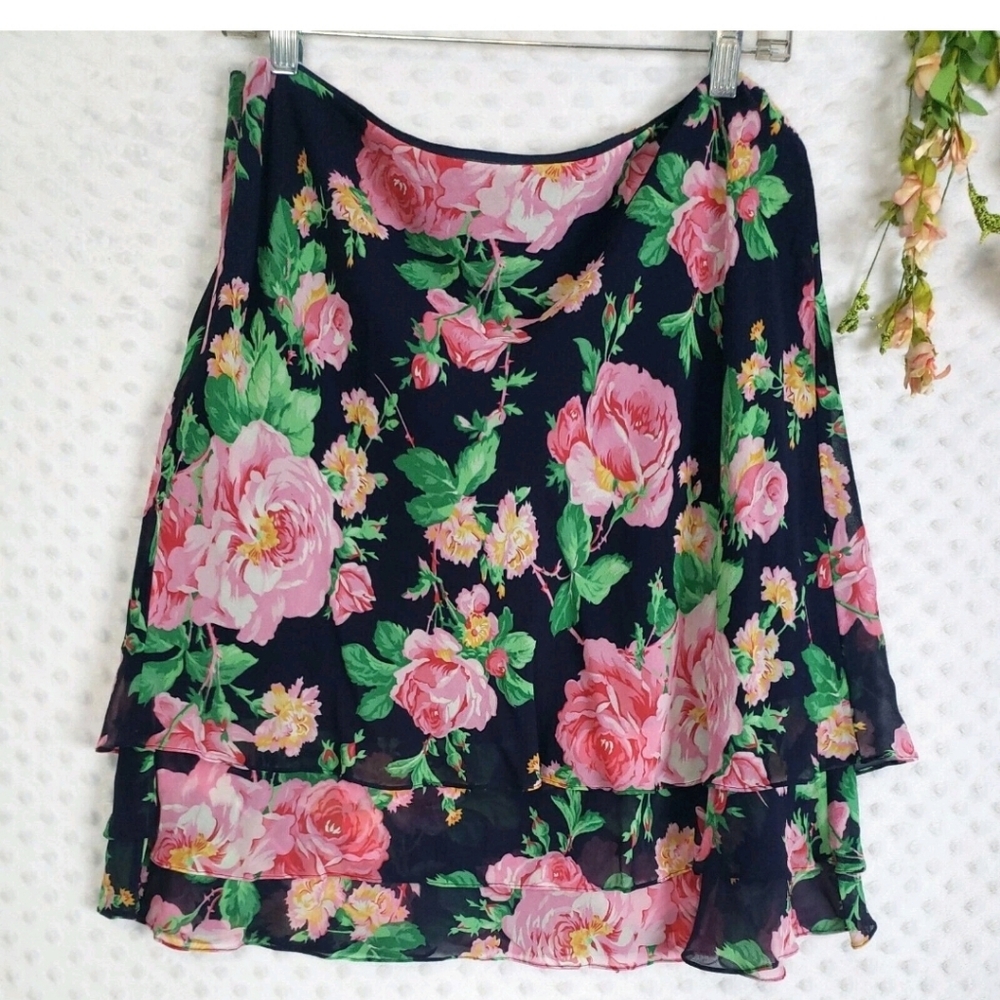 Ralph Lauren 100% Silk Navy Floral Skirt Size 12 Or L/XL Old Money Romantic